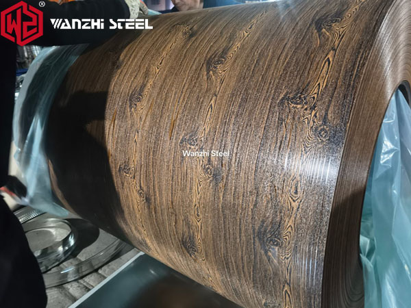 Preparing to package wood grain steel coils